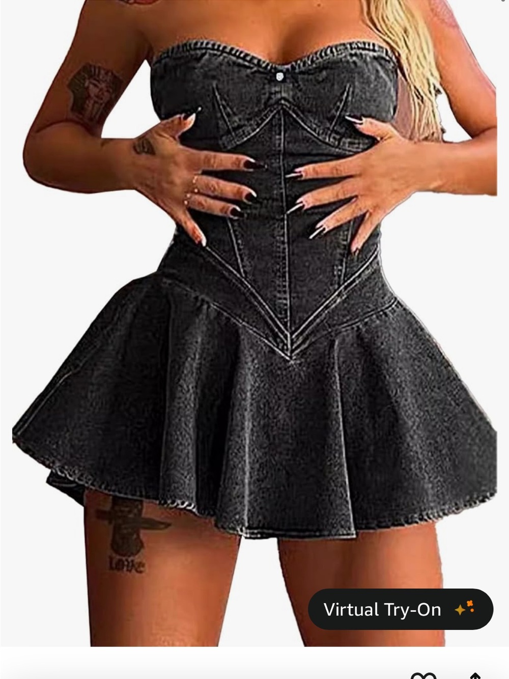 Strapless Black Denim Corset Skater Dress